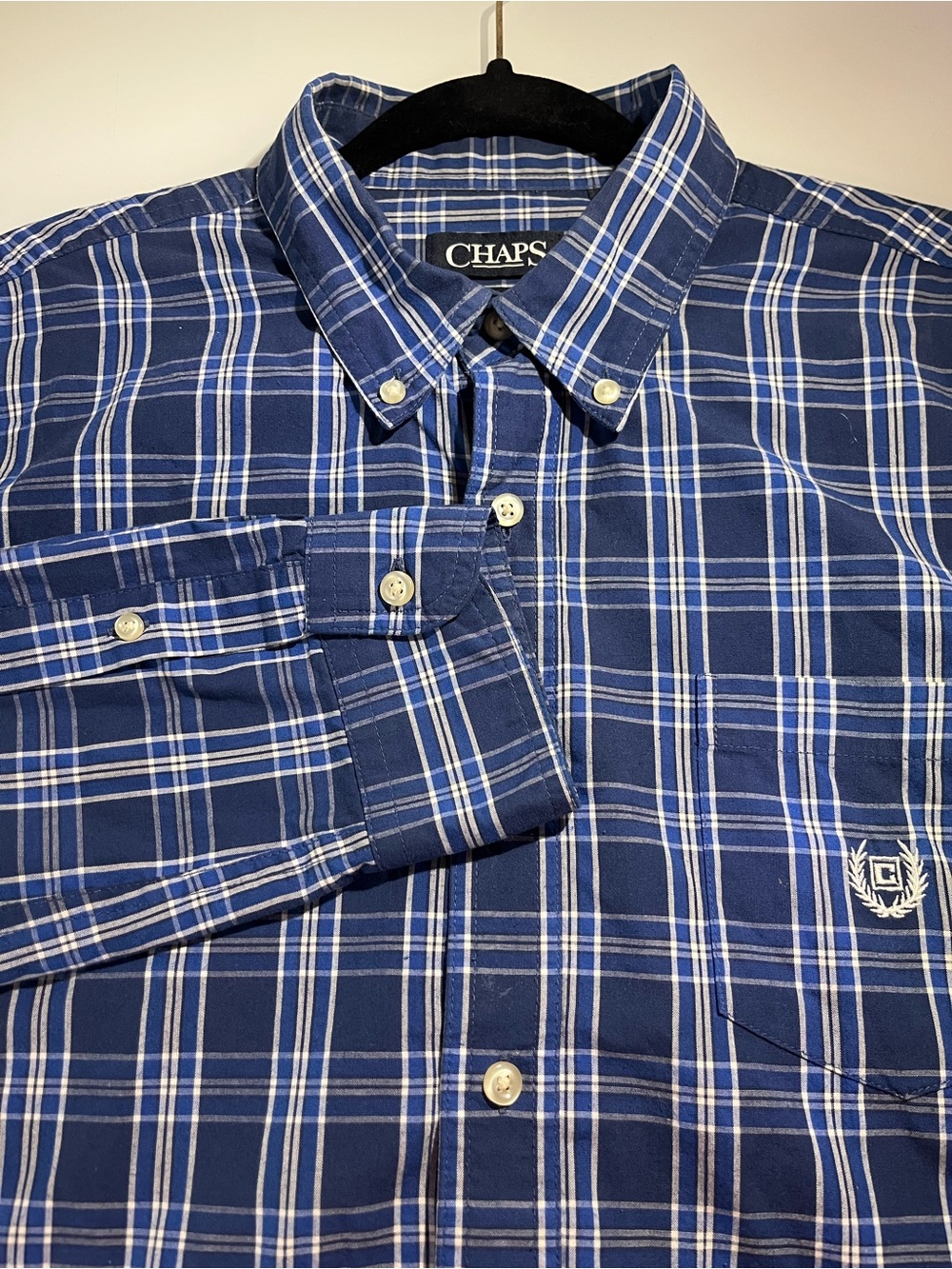 Chaps Easy Care Navy and White Plaid Button-Down Shirt